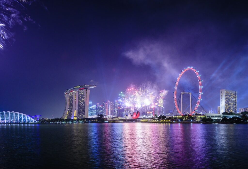 Fireworks over Singapore city skyline, Singapore, Singapore